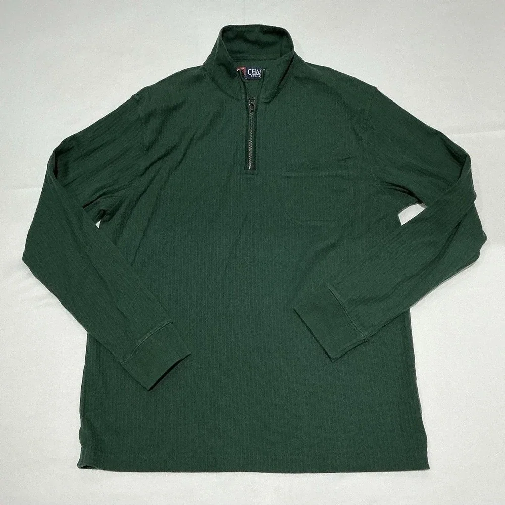 Chaps Sweater Mens Large Green Ribbed Mock Neck 1/4‎ Zip Preppy Cotton Pullover